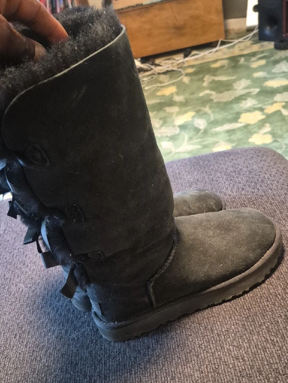 UGG Black Suede Mid-Calf Shearling Boots with Back Bow Detail